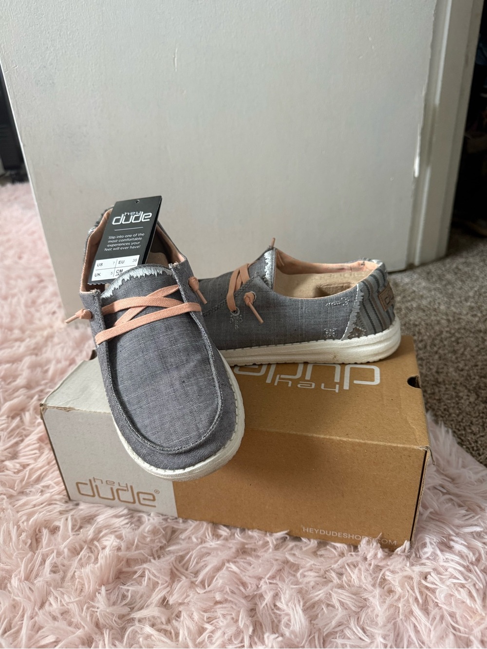 Hey Dude Gray Canvas Slip-Ons with Blush Laces